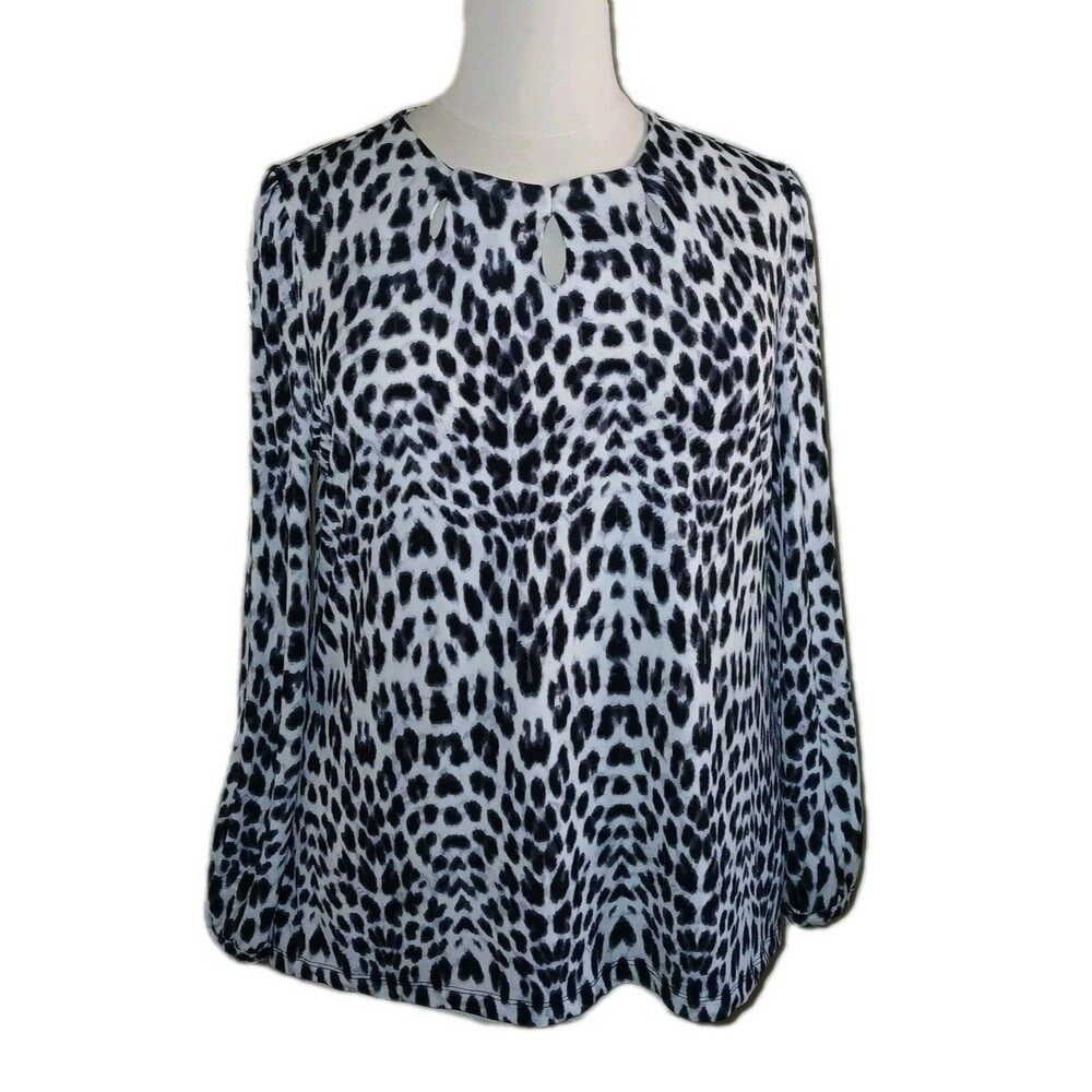 LIZ CLAIBORNE Women Career XXL Animal Print Keyhole Long Sleeve Black White Top